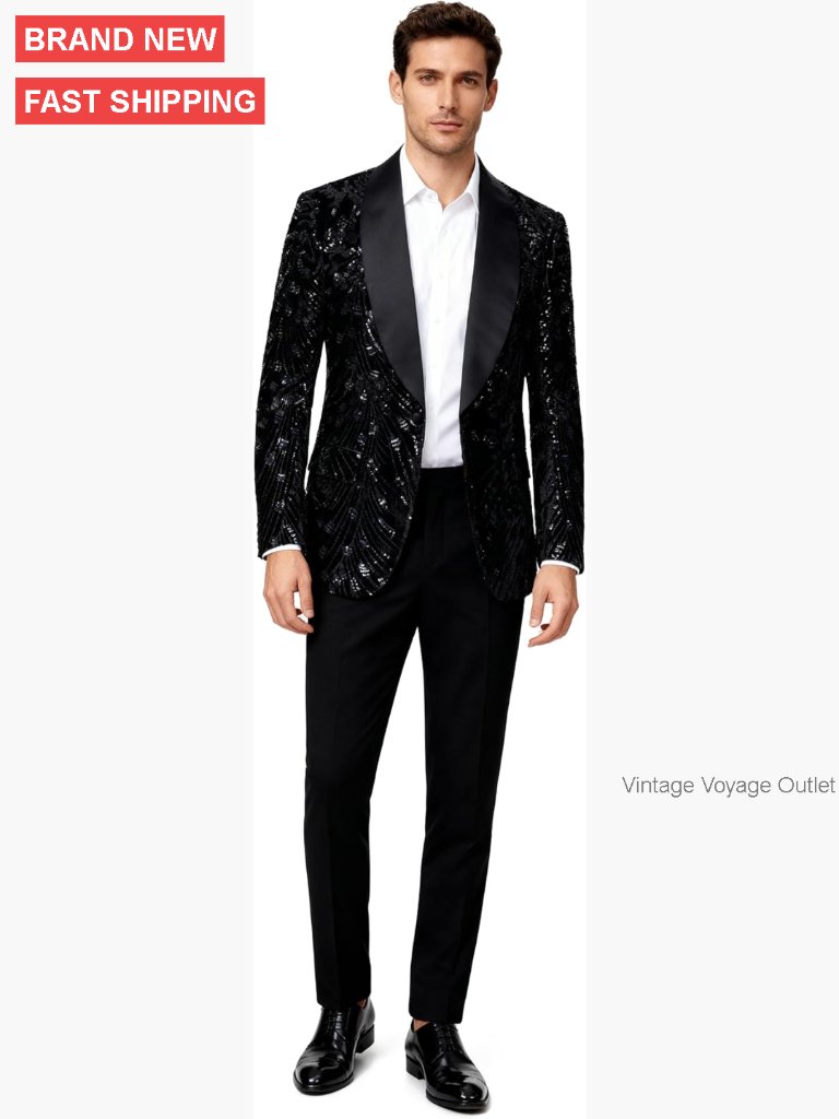 Sequin Tuxedo Jacket & Dress Pants Set, Formal Suit For Prom Wedding Events